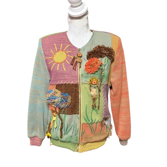 Vintage Crystal Handwoven Art to wear jungle Sweater Jacket Size S Sun Lion - Picture 1 of 7